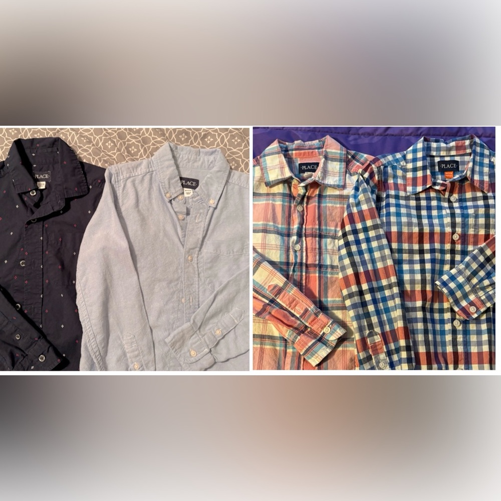 Lot Of 4 Childrens Place Boys Button Up Size Medium 7/8 Plaid x2, Denim & Navy